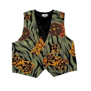 August Max Woman Vintage Baroque Tiger Print Vest Green Gold Rayon Plus Size 18